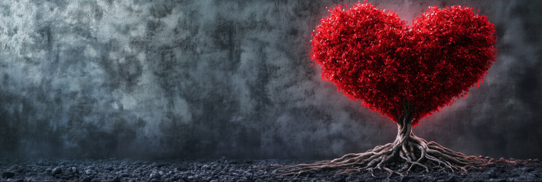 A tree with red heart shaped foliage standing on dark soil against a textured background symbolizing love and resilience - Powered by Adobe