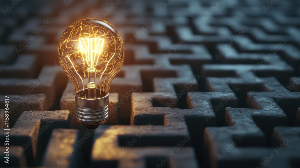 Poster a glowing light bulb rests on a textured maze, symbolizing creativity, problem-solving, and illumina