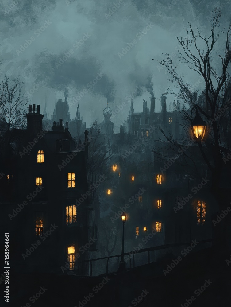 Poster mysterious dark cityscape illuminated by few warm lights during foggy night hours. generative ai