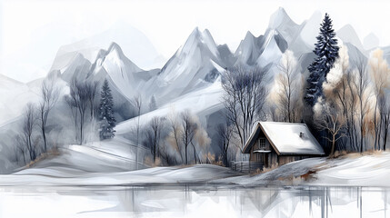 Drawing of a cabin surrounded by snow-covered trees, set against a serene backdrop of majestic mountains reflected in a frozen lake.