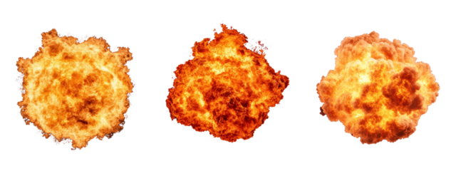Realistic explosion effects in three variations showcasing fire, smoke, and intensity for creative projects and design work. on white or transparent png