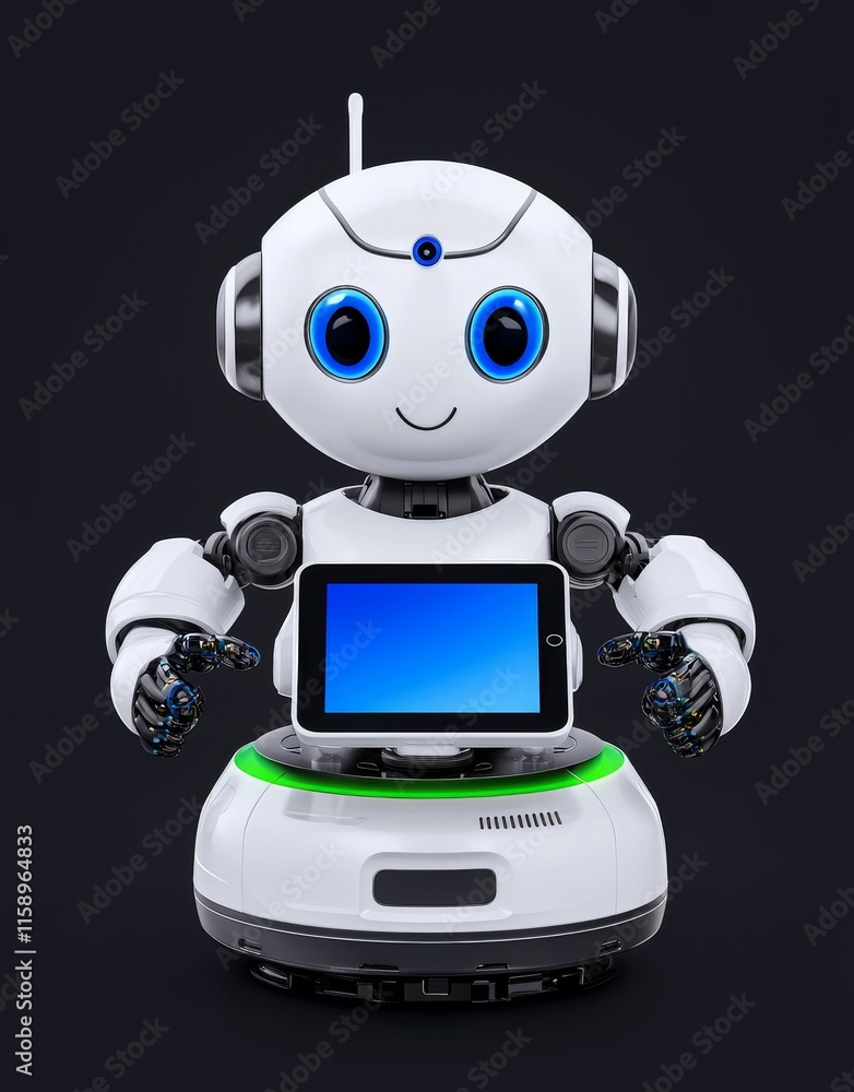 Poster an ai robot using a tablet while floating or flying, set against a dark black background.