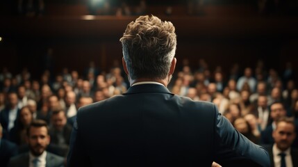 A speaker is seen from behind while addressing a large, seated audience in a dimly lit environment, conveying a message in a compelling and persuasive manner.