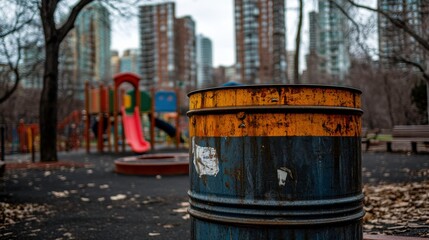 Obraz premium Waste Barrels in Urban Park Under Overcast Skies