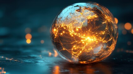 A glowing globe with interconnected lights, representing a digital world or network, set against a dark, reflective surface.