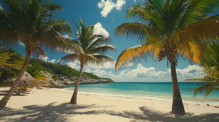 Obraz premium A beach scene with a palm tree, palm trees in summer on a beach in Mexico, Perfect tropical beach, Tropical beach background with palm trees