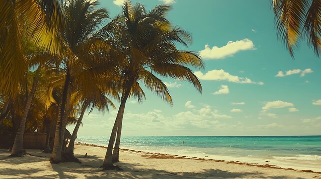 A beach scene with a palm tree, palm trees in summer on a beach in Mexico, Perfect tropical beach, Tropical beach background with palm trees - Powered by Adobe