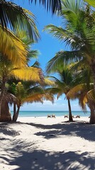 Obraz premium A beach scene with a palm tree, palm trees in summer on a beach in Mexico, Perfect tropical beach, Tropical beach background with palm trees