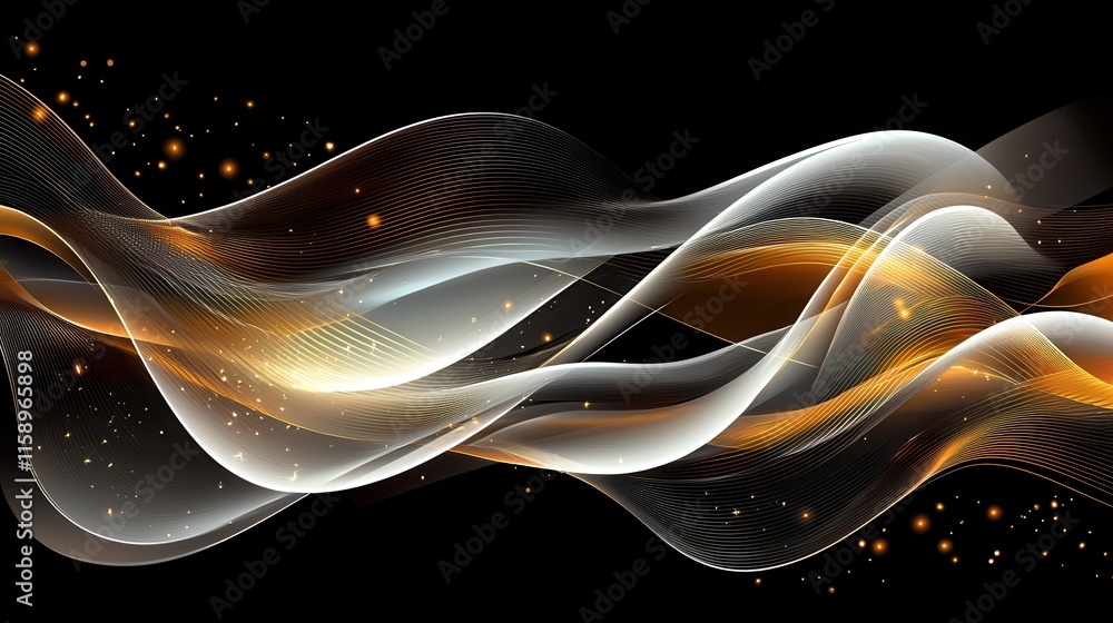 Poster elegant dynamic abstract lines in shades of gold and white with sparkling elements on a black backgr