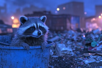 A mischievous raccoon climbing into an open garbage can. Generative AI