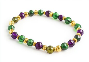 Obraz premium Colorful Beaded Bracelet with Purple and Green Faceted Glass Beads and Gold Accents on White Background for Fashion and Jewelry Design Inspiration