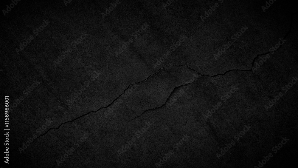 Poster black texture background of old wall with crack. crack is long and wide. background is dark, crack i