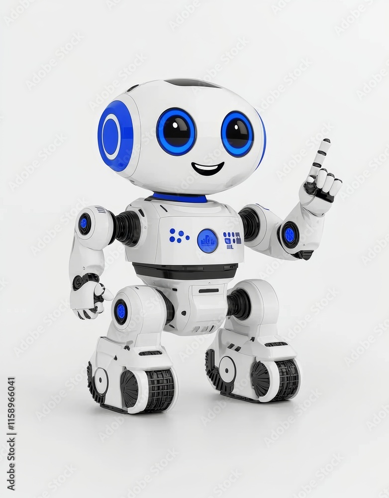 Aufkleber a charming ai robot with a smile and a happy expression, pointing to copy space next to her on a whi