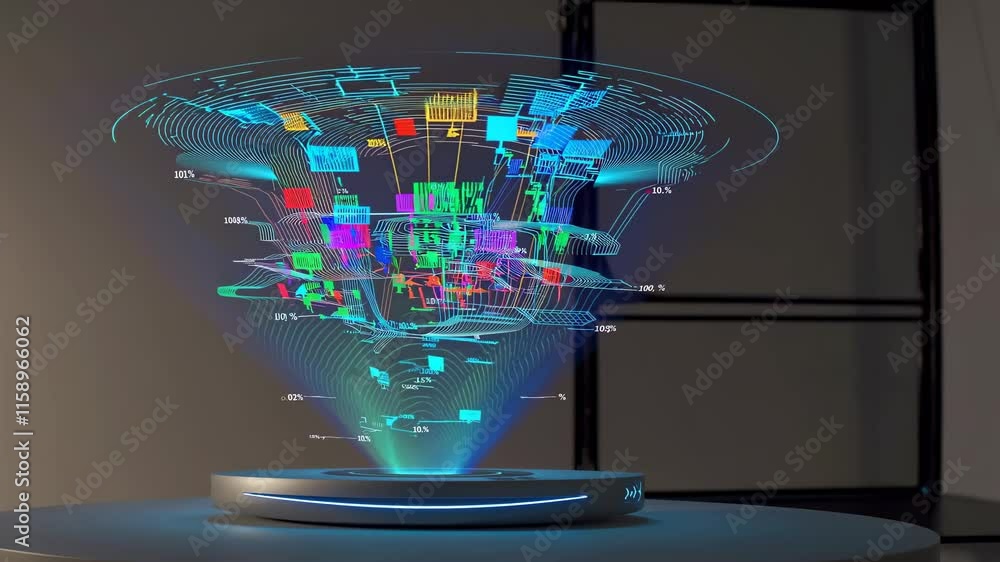 Poster advanced holographic display showcasing colorful data visualization in a modern setting