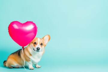 Valentine’s Day corgi puppy dog posing next to a vibrant pink heart-shaped balloon against a turquoise background