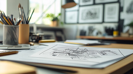 Artist workspace with sketches and tools in a bright, creative environment