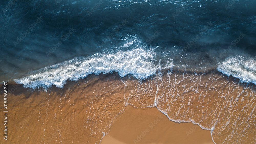 Aufkleber top view of ocean blue and beach sand brown as background for web page banner template design. waves