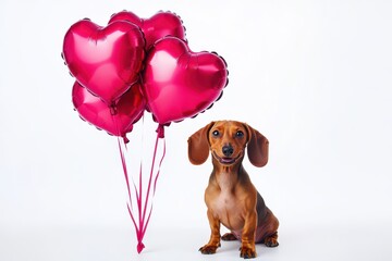 valentine puppy of dachshund with pink heart balloons isolated on white background