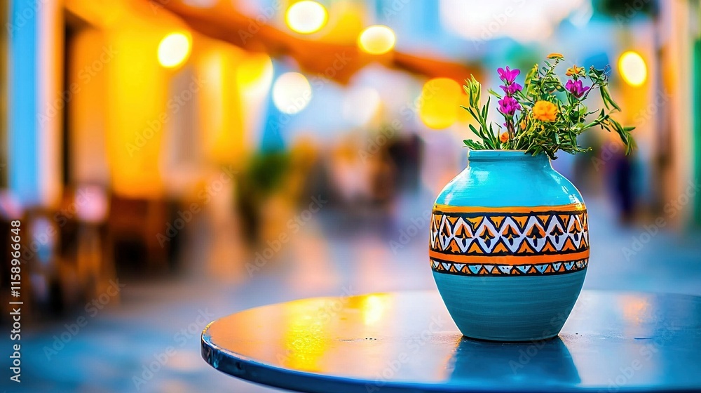 Poster a blue vase with flowers sits on a table in front of a building with yellow lights in the background