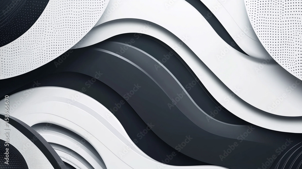 Poster abstract design featuring layered curves and circular elements in black and white tones