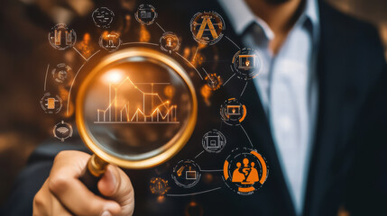 businessman analyzing work safety standards through magnifying glass, showcasing various icons related to safety, technology, and analysis