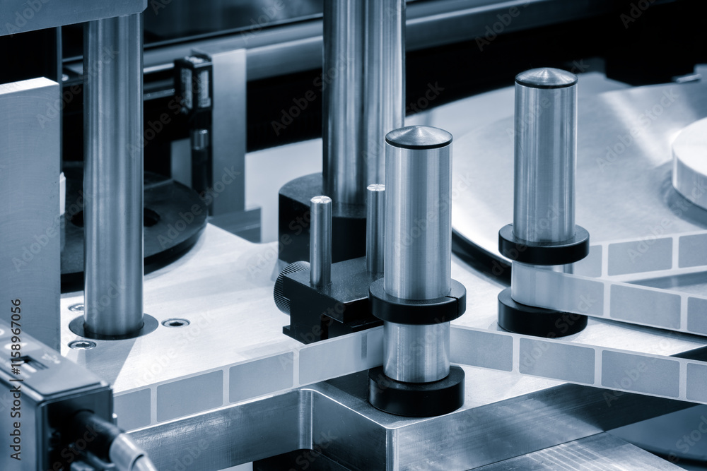 Poster fragment of the conveyor of sticking labeling machine. abstract industrial background.
