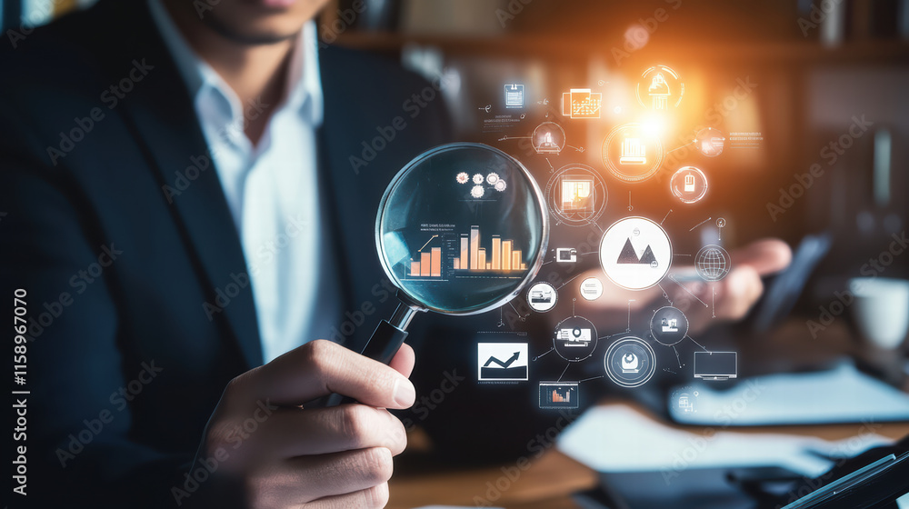 Poster businessman analyzing data and safety standards with magnifying glass, surrounded by digital icons r