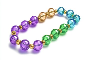 Obraz premium Colorful Beaded Necklace with Gradient of Purple, Green, Blue, and Orange Crystal-Like Beads Strung Together with Golden Spacers on a White Background