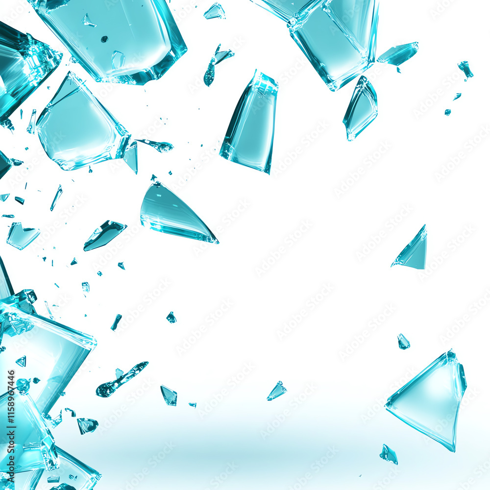 Aufkleber shattered glass pieces scattered against a white isolate background, creating a dynamic visual effec