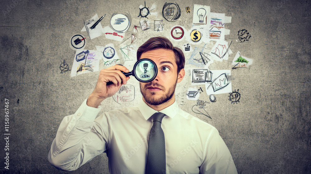 Poster businessman examining work safety icons with magnifying glass, surrounded by various sketches and sy