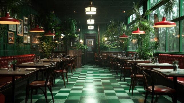 An elegant restaurant interior showcases dark wood furniture, checkerboard floors, and lush greenery, creating an inviting and sophisticated dining atmosphere.
