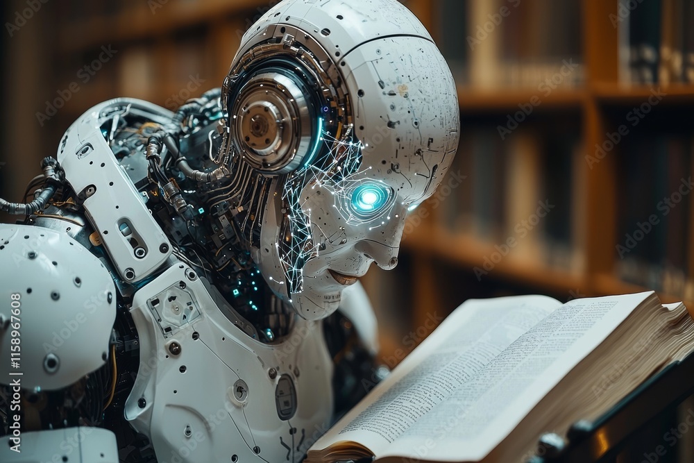 Aufkleber in a futuristic library, a robot learns through digital art, focusing on knowledge acquisition in a 