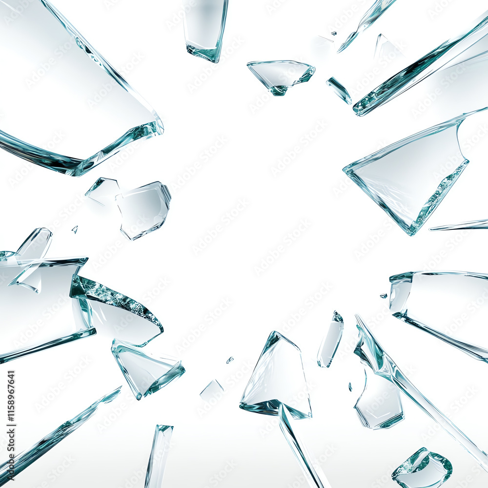 Poster shattered glass pieces scattered against a white background, creating a dynamic and abstract visual 