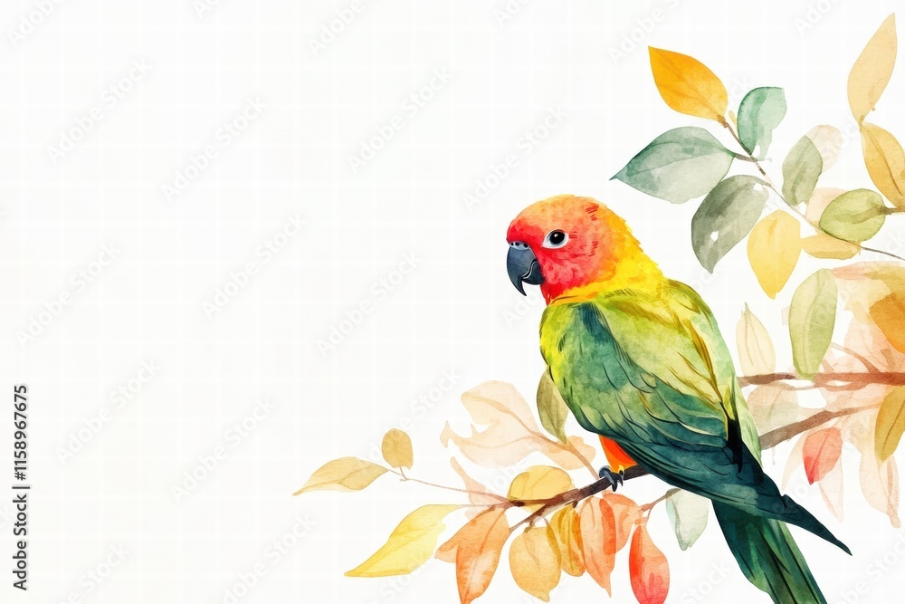 Poster bright parrot illustration perched gracefully on a branch with colorful leaves in a serene setting. 