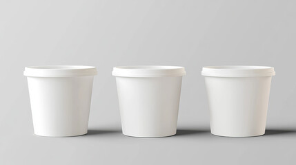 Realistic white food containers set isolated on transparent background. Vector illustration of 3D ice cream or yogurt bucket mockup with blank surface ready for branding. Paper box for meal storage