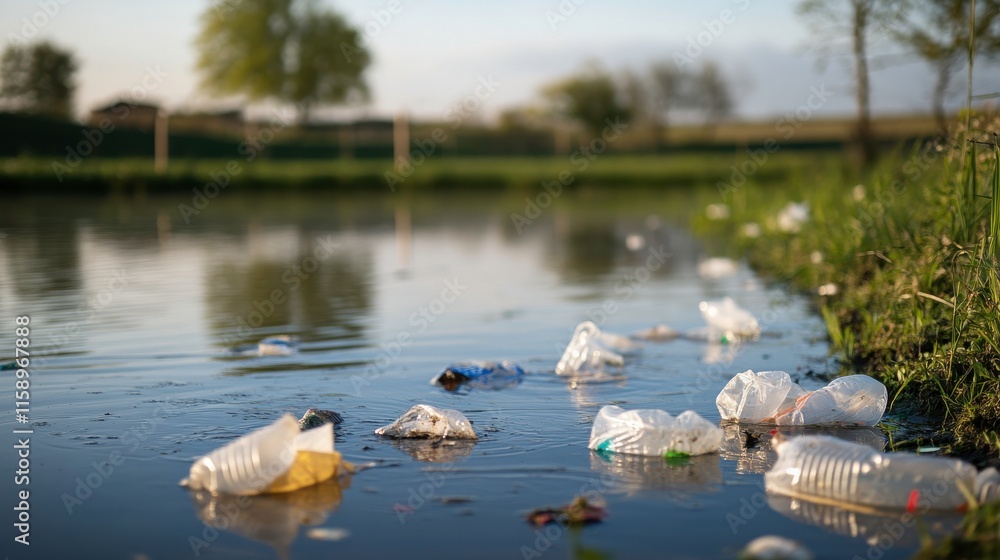 Poster waste floating in a shallow pond at farm