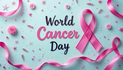 World Cancer Day card featuring pink ribbons and decorative elements for awareness and support. Generative AI

