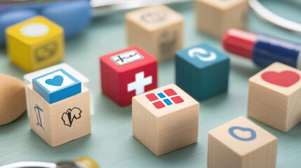 Colorful wooden blocks featuring medical symbols and icons arranged on table, creating playful and educational atmosphere. Perfect for children learning and healthcare themes
