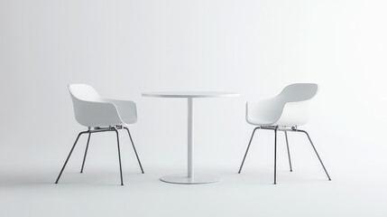 White 3D table and chairs isolated on background. Vector realistic illustration of plastic and metal furniture mockup for trade fair booth, office conference room, restaurant interior, home kitchen