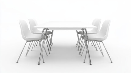White 3D table and chairs isolated on background. Vector realistic illustration of plastic and metal furniture mockup for trade fair booth, office conference room, restaurant interior, home kitchen