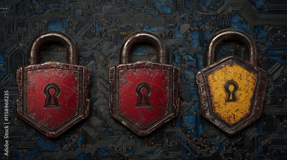 Poster network secured with various locks and shields on a circuit board