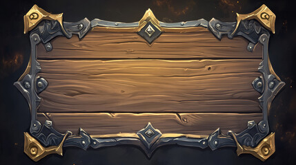 Cartoon ui wooden texture fantasy game sign board. Wood plank panel on dark background. Isolated menu element for welcome billboard design. Gold and silver metal frame on message plate template.