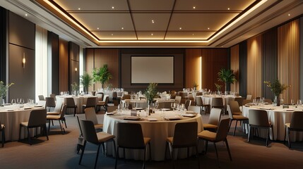 A modern banquet hall featuring elegantly set tables, warm lighting, and a screen, perfect for events and gatherings.