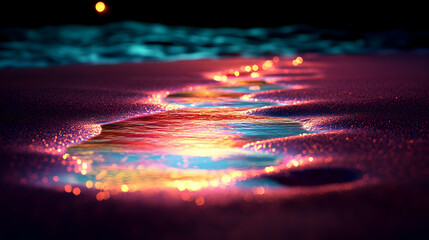 Glowing water trail on dark beach sand at night.