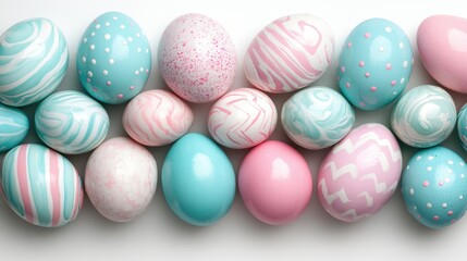 Obraz premium A collection of pastel-colored Easter eggs decorated with intricate, diverse patterns, including polka dots, stripes, and abstract designs, on a white background.