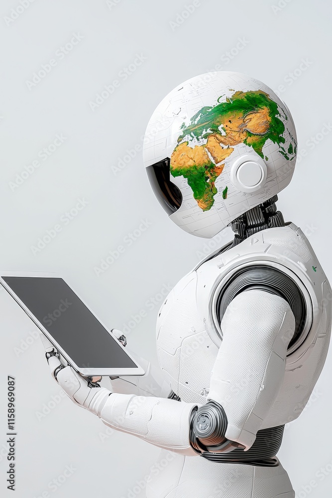 Poster an endearing ai robot uses a tablet while standing and looking at the camera.