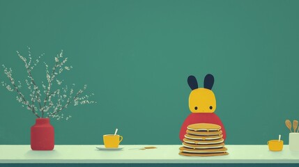 Obraz premium Happy Child in Pancake Costume Enjoying a Stack of Delicious Pancakes with Syrup and a Bright Background