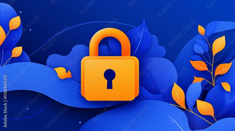 Poster locks and shields designed as colorful digital security icons on a vibrant blue backdrop for technol
