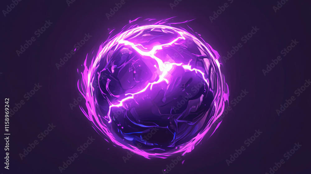 Poster magic electric lightning ball animation sprite for game vector design. purple thunder energy attack 