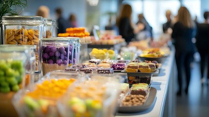A vibrant display of assorted snacks, fruits, and desserts in glass containers, set up for a social gathering or event.